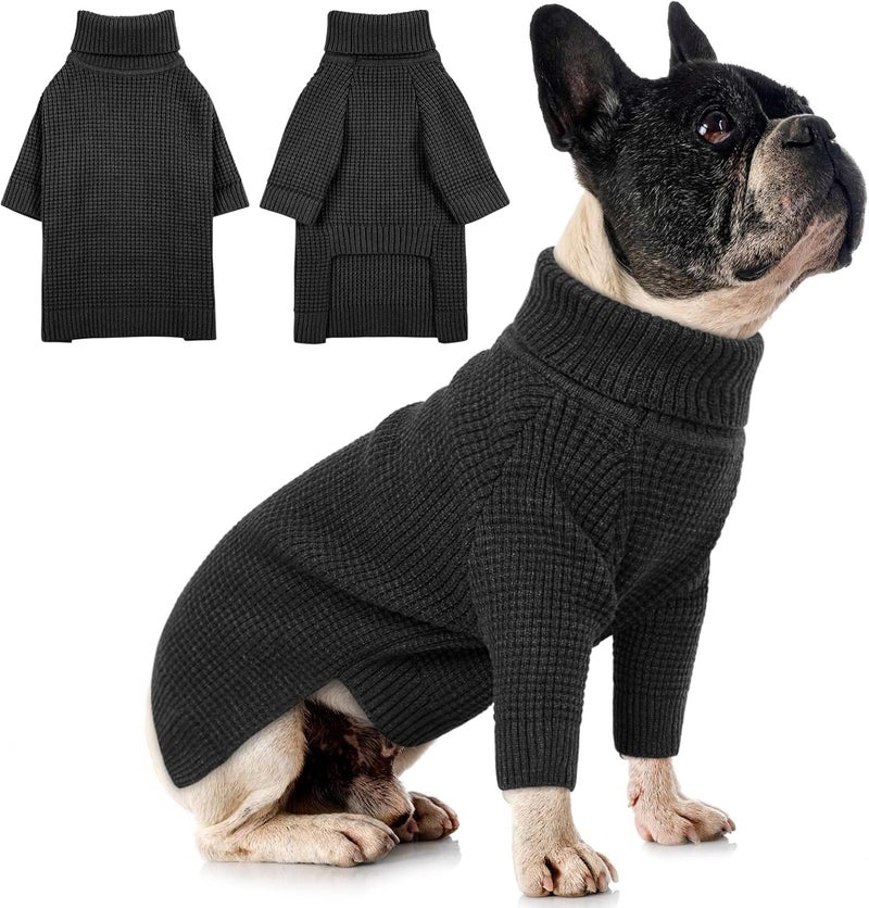 Queenmore Turtleneck Long Sleeve Knitted Sweater with Check Pattern, Fall Winter Warm Sweaters for Small to Large Dogs and Cats, Charcoal Gray - Image 1